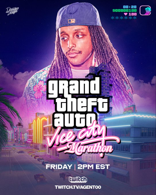 This is a promotional poster for a "Grand Theft Auto Vice City Marathon" livestream scheduled for Friday at 2PM EST on Twitch (twitch.tv/agentoo). The poster features an illustrated character wearing a blue baseball cap against a neon-lit Vice City backdrop, with "Paranox League" branding in the corner—perfectly matching the weekend gaming marathon theme.