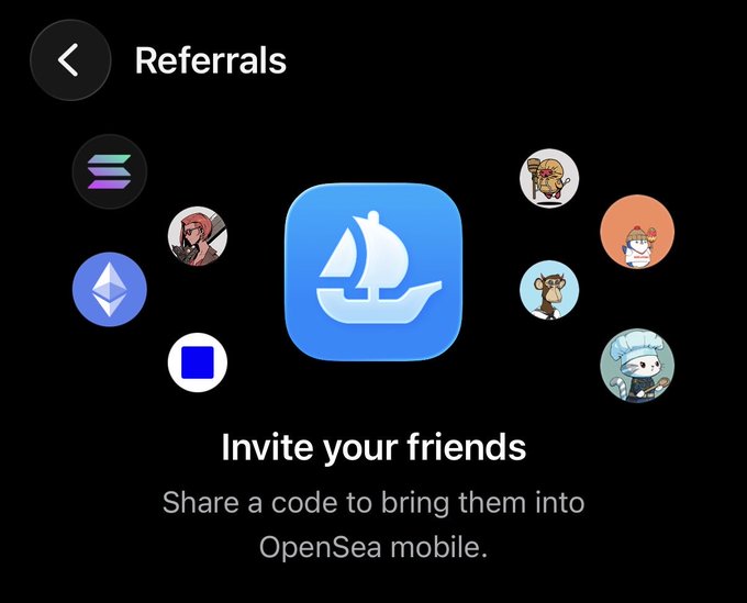 A dark-themed app screen titled 'Referrals' featuring a blue OpenSea sailboat icon surrounded by NFT profile pictures, with text inviting users to 'Invite your friends' by sharing a code.