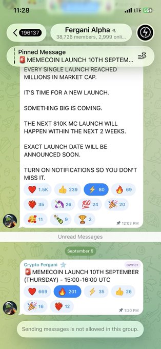 Telegram channel screenshot for 'Fergani Alpha' announcing a MEMECOIN LAUNCH on 10th September, touting millions in market cap and a $10K MC launch coming within 2 weeks.