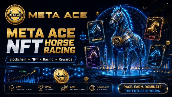 A promotional banner for 'META ACE NFT HORSE RACING' featuring a glowing blue holographic horse surrounded by NFT cards labeled 'LEGENDARY', 'MYTHIC', 'EPIC', and 'RARE', with the tagline 'RACE. EARN. DOMINATE. THE FUTURE IS YOURS.'
