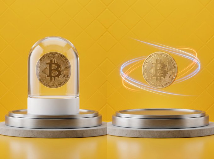 Two golden Bitcoin coins displayed on metallic pedestals against a yellow diamond-patterned background; one is enclosed in a glass dome while the other is surrounded by glowing orbital rings.