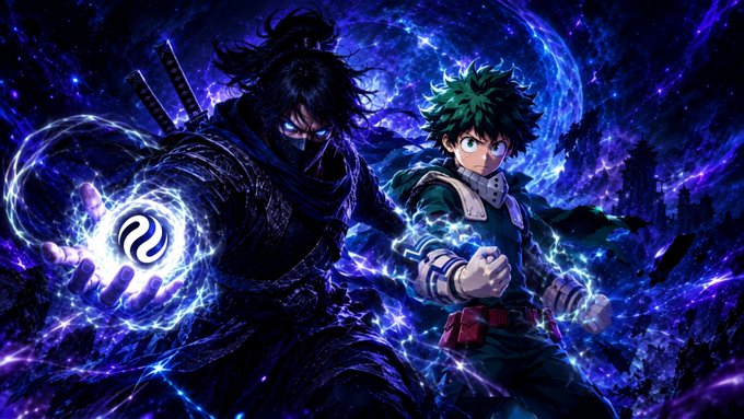 Anime-style illustration of a samurai-like ninja and a green-haired hero in green attire wielding blue energy powers, with a logo visible on the ninja's hand.