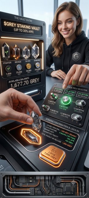 A digital interface titled 'THE VAULT ENTRY' displaying 'GREY STAKING VAULT (UP TO 30% APR)' with an available balance of '1,677.70 GREY' and various locking period options with their corresponding APYs.
