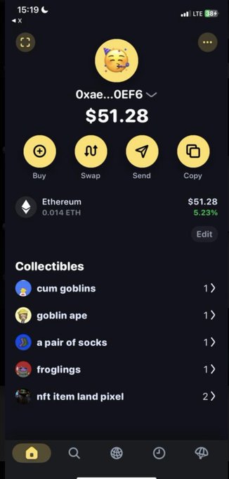 A mobile wallet screenshot showing an Ethereum balance of $51.28 (0.014 ETH) in the account '0xae...0EF6', alongside a 'Collectibles' section listing humorous NFTs like 'cum goblins', 'goblin ape', and 'froglings'.