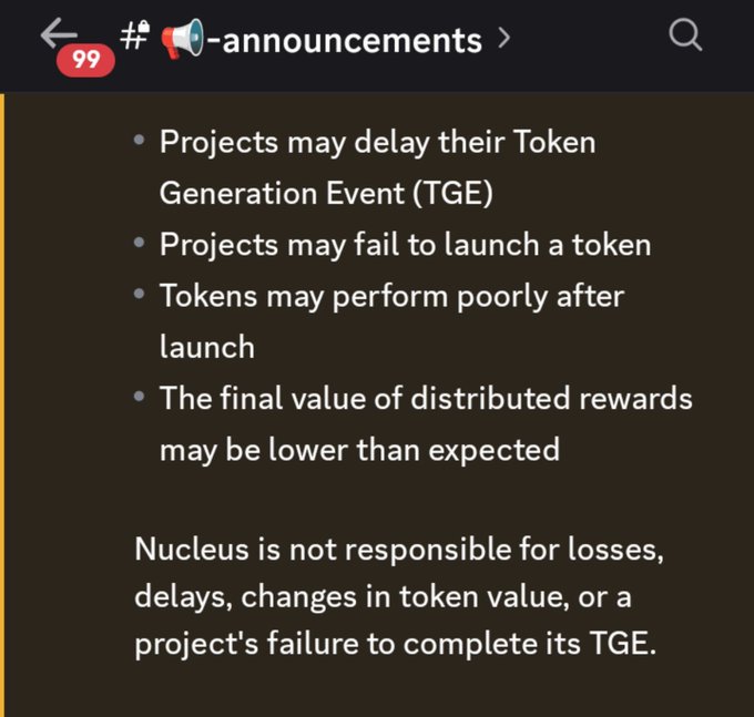 A Discord screenshot from #📢-announcements listing risks including delayed Token Generation Events (TGE), project failures, and poor token performance, with a disclaimer from Nucleus.