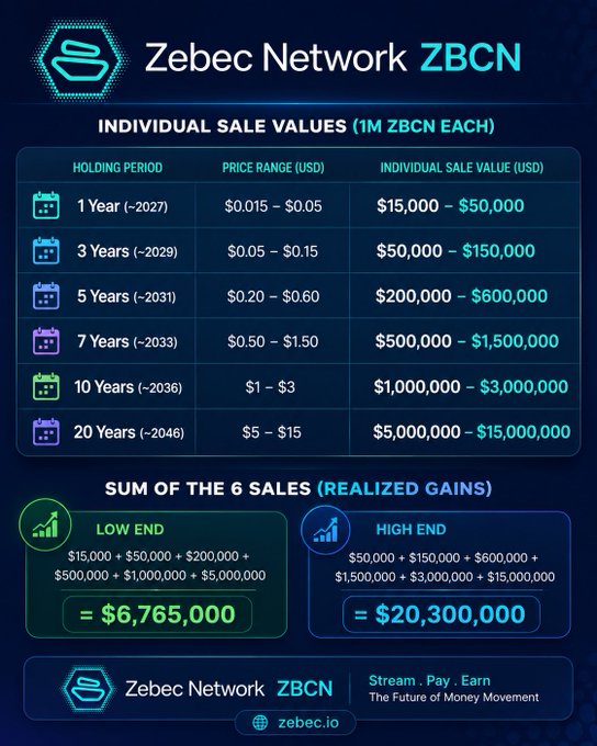 The main focus of this image is a comparison between treating ZBCN as an investment for long-term gains and trading it like a short-term trade, represented by different sales values over time (e.g., $5M initial investment, $2M gain on sale, $3M profit on sale). The chart displayed in the image shows various projected sales and gains based on this comparison, illustrating how treating ZBCN as an investment could potentially lead to more significant gains compared to short-term trading. However, without more detailed information about the projected values and assumptions made by the graphic, it's difficult to definitively determine whether these projections align with reality or not.