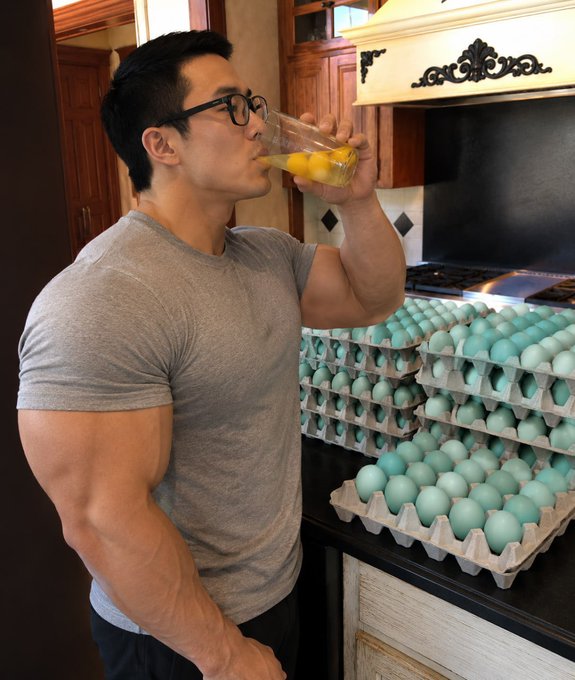 A muscular man in a grey t-shirt drinks raw eggs from a glass, standing next to multiple trays of teal-colored eggs stacked on a kitchen counter. The image humorously ties to the post about "$egg" on Hyperliquid, emphasizing the token's originality and uniqueness—just like a one-of-a-kind raw egg breakfast ritual.