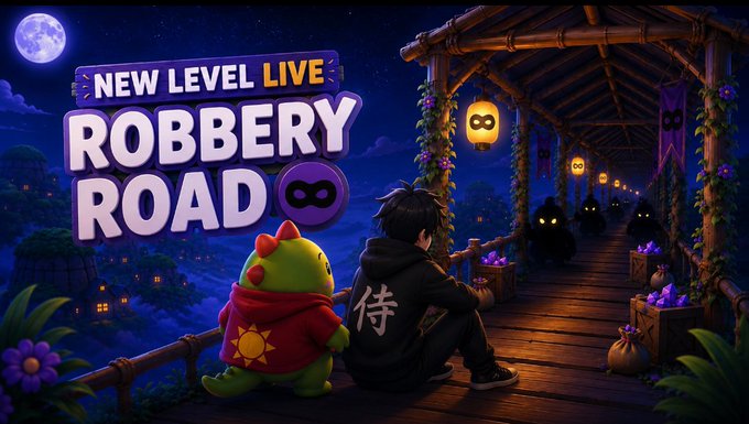 A promotional graphic for a game event titled 'NEW LEVEL LIVE ROBBERY ROAD,' showing an anime-style character sitting with a small green dragon mascot on a wooden bridge at night under a full moon.