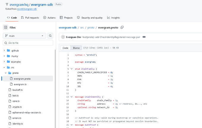 A GitHub repository page for 'evergram/hq/evergram-sdk' displaying the source code of a Protocol Buffers file named 'evergram.proto' with definitions for ChainFamily and ChainIdentity enums.