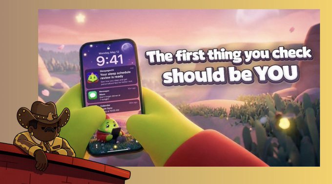 A phone lock screen shows the time 9:41, a sleep schedule reminder, and messages from "Mom" and "Javier" against a dreamy pastel landscape with green hands holding the device, paired with text reading "The first thing you check should be YOU." The image reinforces the post's message about prioritizing self-care and sleep habits, tying it directly to the $SLEEP token and Sleepagotchi's mission of building better sleep routines before the TGE countdown.
