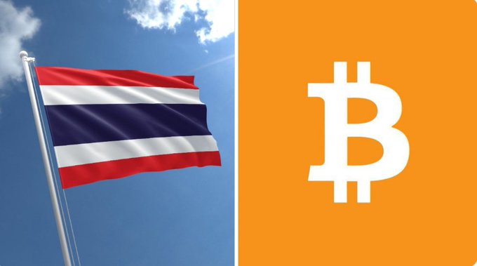 The flag of Thailand (red, white, and blue stripes) waves against a blue sky on the left side of the image, paired with the white Bitcoin (₿) symbol on an orange background on the right, visually representing the country's push to become a crypto hub by introducing a 0% capital gains tax on cryptocurrency trades through licensed exchanges from 2025 to 2029.
