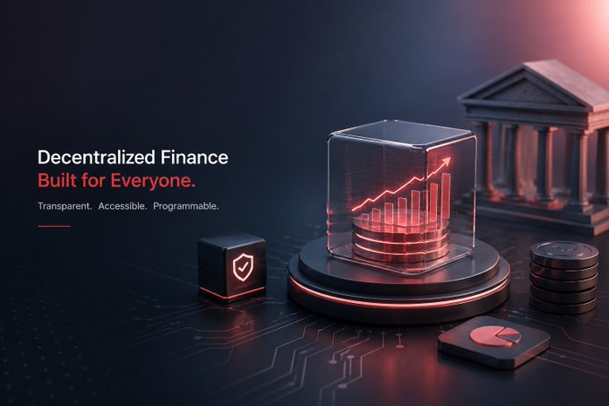 A Decentralized Finance promotional image reading 'Decentralized Finance Built for Everyone. Transparent. Accessible. Programmable.' featuring a holographic growth chart, a classical building, coins, and a security shield icon.