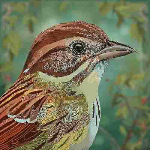 A stylized, engraved-look illustration of a sparrow perched among branches.
