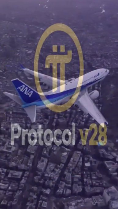 An ANA airplane flies over a cityscape overlaid with a gold 'Pi' network logo and the text 'Protocol v28'.