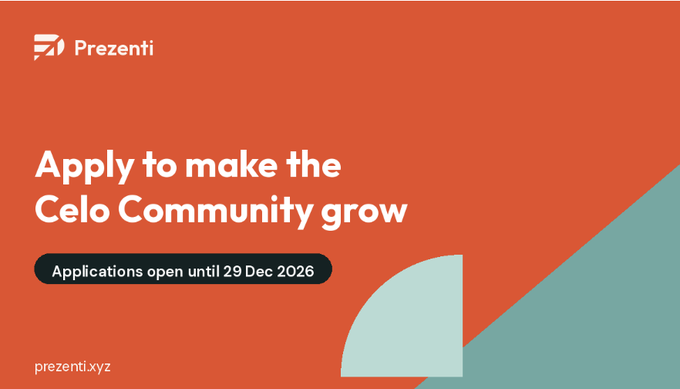 Promotional graphic with orange background featuring 'Prezenti' logo, headline 'Apply to make the Celo Community grow', and 'Applications open until 29 Dec 2026' at prezenti.xyz.