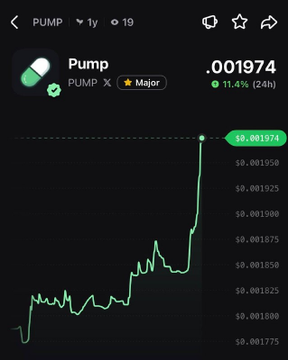 The image shows a cryptocurrency chart for the token "Pump" (ticker: PUMP), priced at .001974, with a 24-hour gain of +11.4% as indicated by the green upward trend line. The post's claim of an 11.4% increase in the last 24 hours aligns with the percentage shown in the top right corner of the chart.