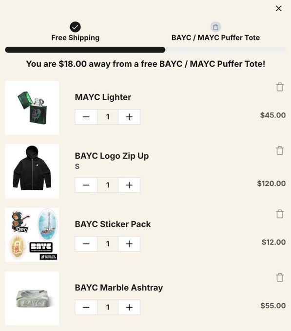 A shopping cart screenshot showing Yuga Labs merchandise from the Bored Ape Yacht Club (BAYC) and Mutant Ape Yacht Club (MAYC) collections, including a MAYC Lighter ($45.00), BAYC Logo Zip Up ($120.00), BAYC Sticker Pack ($12.00), and BAYC Marble Ashtray ($55.00), with a progress bar indicating the user is $18.00 away from earning a free BAYC/MAYC Puffer Tote through free shipping.