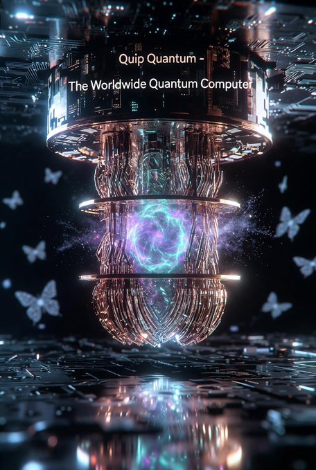 A futuristic digital artwork titled 'Quip Quantum - The Worldwide Quantum Computer' depicting an ornate metallic device with a glowing purple and blue energy core surrounded by butterflies.