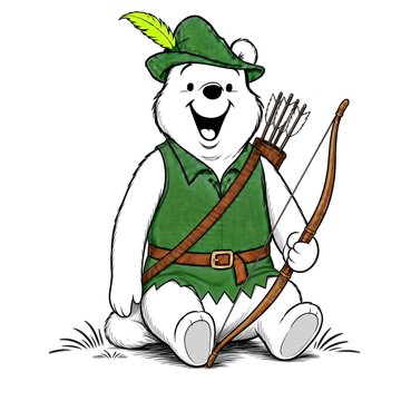A cartoon polar bear dressed as Robin Hood sits smiling while holding a bow and arrows, with no visible text in the image. The character resembles a reimagined Winnie-the-Pooh styled as a forest archer, aligning with the post's promotion of a Winnie-the-Pooh NFT collection airdrop on OpenSea.