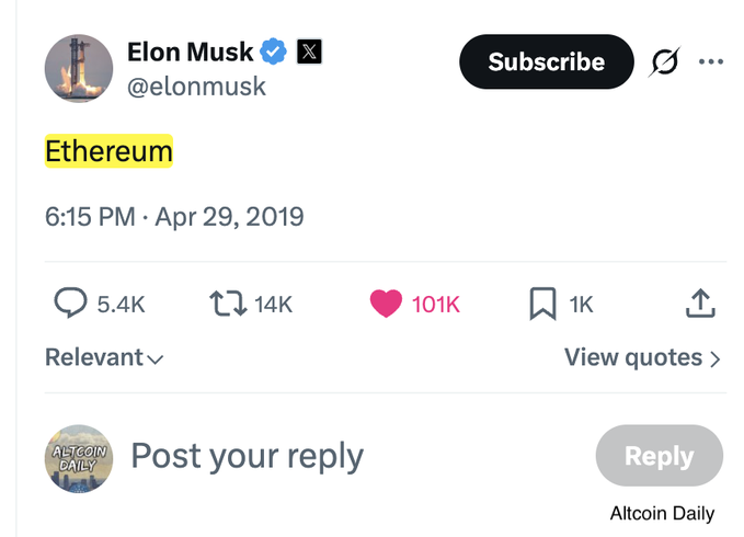 A screenshot of Elon Musk's (@elonmusk) April 29, 2019 tweet that simply reads "Ethereum," which garnered 101K likes, 14K retweets, and 5.4K replies despite containing just a single highlighted word—exemplifying the mysterious one-word post referenced in the caption.