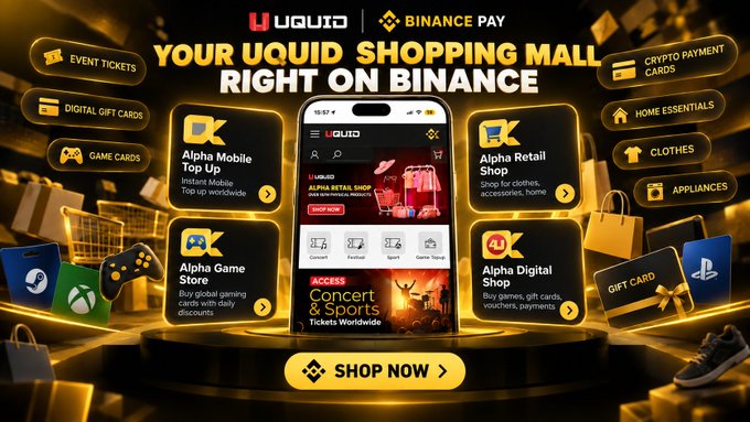 A promotional banner for UQUID's shopping mall integrated with Binance Pay, showcasing categories like 'Alpha Mobile Top Up', 'Alpha Game Store', 'Alpha Retail Shop', and 'Alpha Digital Shop' around a central smartphone display.