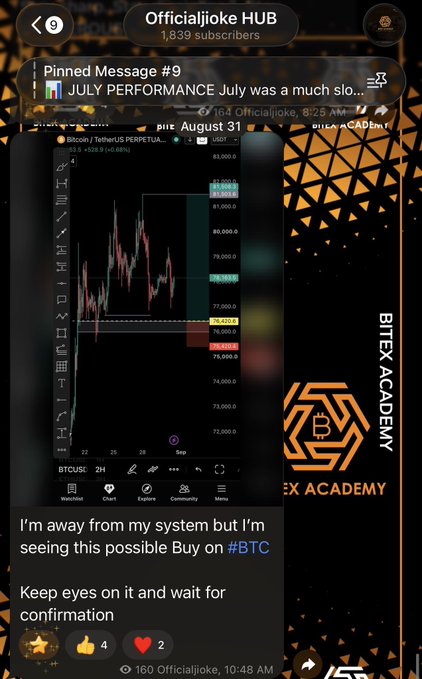 Telegram channel screenshot from 'Officialjjoke HUB' showing a Bitcoin/USDT chart analysis with text 'I'm away from my system but I'm seeing this possible Buy on #BTC. Keep eyes on it and wait for confirmation,' branded with BITEX ACADEMY logo.