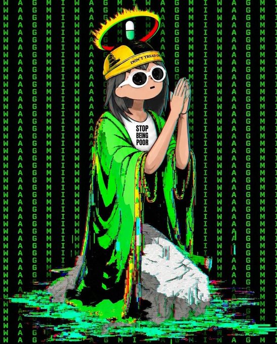 An anime-style illustration shows a character in a green cloak and hard hat with 'DON'T TREAD ON ME' praying, with 'STOP BEING POOR' on their shirt, set against a green Matrix-style code background.