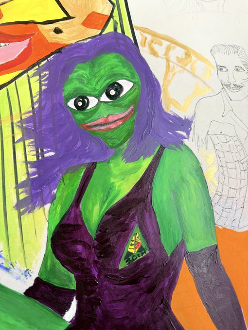 A hand-painted illustration depicts a green-skinned woman with purple hair in a revealing purple outfit, surrounded by other artistic figures in the background. The image aligns with "The winds of change" caption by symbolizing transformation and shift, with the central green figure breaking from traditional norms—her vivid, unconventional appearance suggesting a bold departure from the status quo.