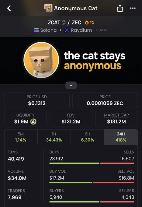 The image shows a cryptocurrency tracking screen for "Anonymous Cat" (ZCAT/ZEC), a Solana-based token on Raydium CLMM, displaying a current price of $0.1312, a market cap of $131.2M, and a striking 418% gain over 24 hours with $34.0M in trading volume. The massive 24-hour surge visible on the dashboard supports the post's bullish sentiment that ZCAT is "moving like it's going straight to a billion."