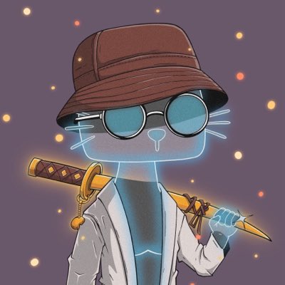 An illustrated character resembling a cat wearing a brown bucket hat, blue round sunglasses, and a white lab coat, holding a sword and stylus.