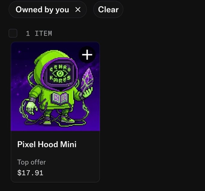An NFT item listing for a 'Pixel Hood Mini' featuring a pixel-art green astronaut character with 'CRYPTO KNIGHTS' on its visor, listed as Owned by you with a Top offer of $17.91.