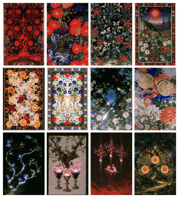 A collage of twelve artistic images featuring ornate floral patterns, space scenes, and gothic illustrations in dark and vibrant color palettes.