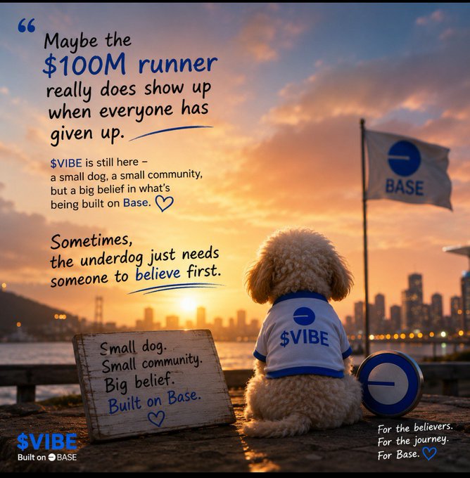 A fluffy dog wearing a "$VIBE" jersey sits beside a handwritten sign reading "Small dog. Small community. Big belief. Built on Base," with a "BASE" flag waving against a sunset city skyline—capturing the post's message of resilient, underdog-style conviction in the $VIBE community built on Base.