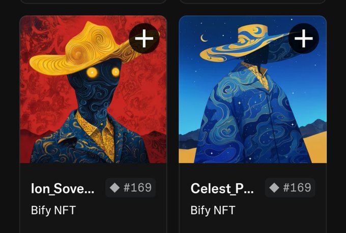 Two stylized NFT artworks titled 'Ion_Sove...' and 'Celest_P...' from the Bify NFT collection, each priced at #169 with a '+' button overlay; the left features a figure with a yellow hat on a red background, while the right shows a figure with a swirling hat against a starry blue sky.