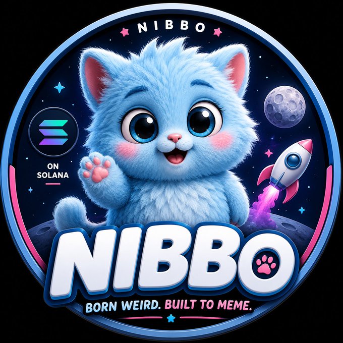 This circular graphic features a cute, fluffy blue cat character against a space-themed background with rockets and planets. Large text prominently displays the name "NIBBO" and the slogans "BORN WEIRD. BUILT TO MEME," while the Solana logo and text "ON SOLANA" identify the blockchain network.
