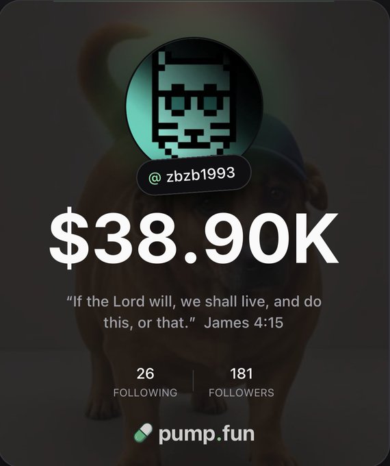 A profile card for @zbzb1993 showing $38.90K, 26 following, and 181 followers, with a Bible verse from James 4:15 and a pump.fun logo.