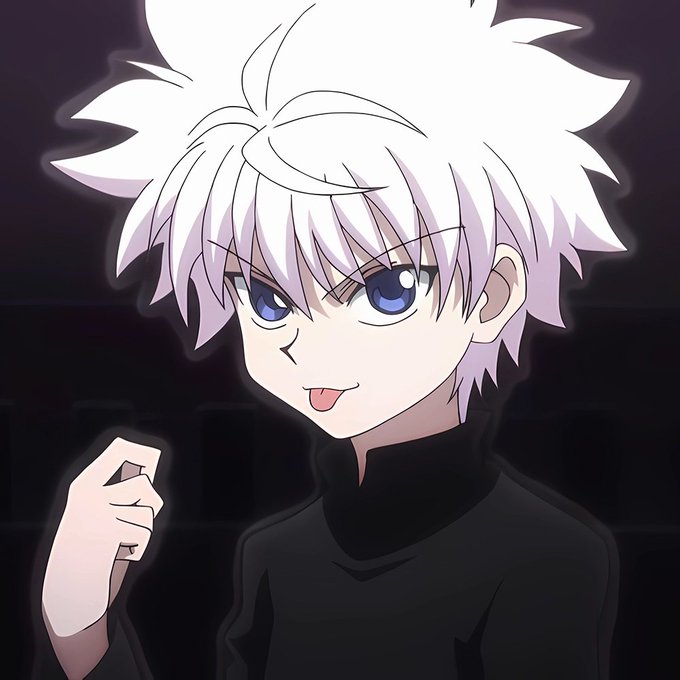 An anime-style illustration of a character with spiky white hair, blue eyes, and a black shirt with their tongue out and fist raised.