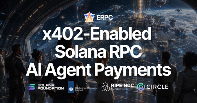 The image is a promotional graphic for ERPC's new x402-enabled Solana RPC service for AI agent payments, overlaid on a futuristic sci-fi scene of people observing a glowing space station. Key text reads "x402-Enabled Solana RPC AI Agent Payments," with logos for ERPC, Solana Foundation, U.S. Department of Labor (apparently accidental inclusion), RIPE NCC Member, and Circle displayed at the bottom, visually reinforcing the announcement of pay-per-request blockchain infrastructure.
