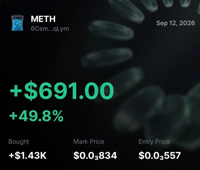 A cryptocurrency portfolio screen shows a METH token position with a gain of +$691.00 (+49.8%) as of Sep 12, 2026, with an entry price of $0.03557 and a mark price of $0.03834.