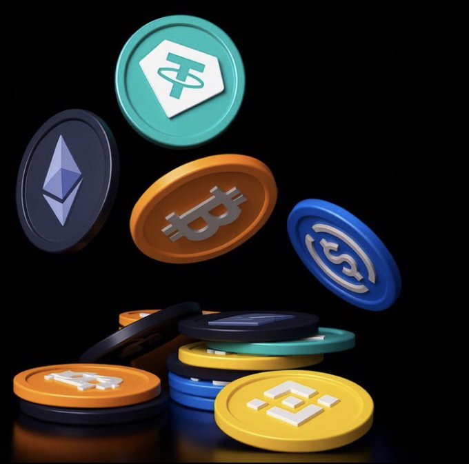 A 3D rendered image of various cryptocurrency coins including Tether (USDT), Ethereum, Bitcoin, USDC, and Binance Coin falling and stacking against a black background.