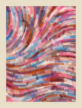 Abstract geometric art piece featuring a swirling pattern of small rectangular color blocks in shades of pink, red, blue, brown, and white on a cream background.