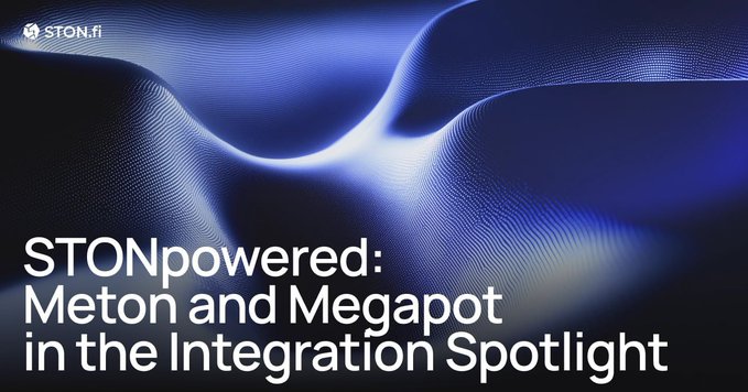 Dark blue banner with glowing wave graphics, headlined 'STONpowered: Meton and Megapot in the Integration Spotlight' with the STON.fi logo in the upper left corner.