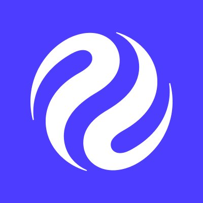 A logo featuring a stylized white curved design on a blue background.