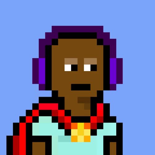 The image features a cartoon-style person wearing headphones, with their face obscured by purple headphones. They are standing against a blue background, giving off an impression of being a character from a video game or animated movie. The caption below the image reads "GM @Nakamigos!".
