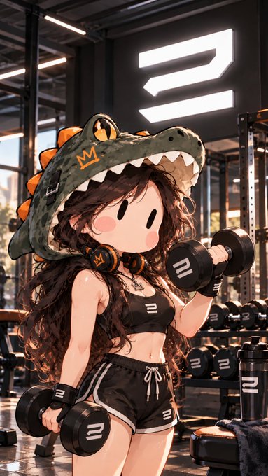 An illustrated anime-style girl wearing a green crocodile hat lifts dumbbells in a gym with a large '2' logo on the wall.