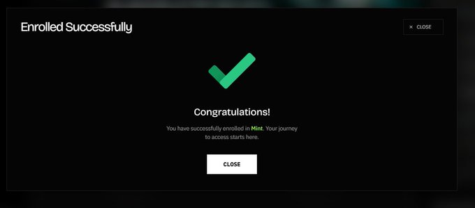 A black pop-up window displaying 'Enrolled Successfully' with a green checkmark and 'Congratulations!' message, indicating successful enrollment in 'Mint'.