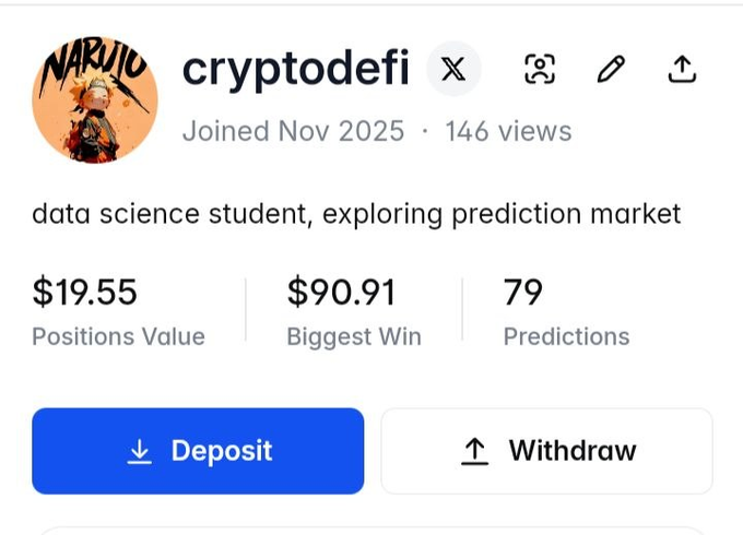The image shows a social media post about a cryptocurrency called Cryptodefi. The post includes information about joining a cryptocurrency exchange, data science student, exploring prediction markets, and other relevant topics. It also mentions that there are currently 146 views of the post on Twitter and that it has been viewed at least once.