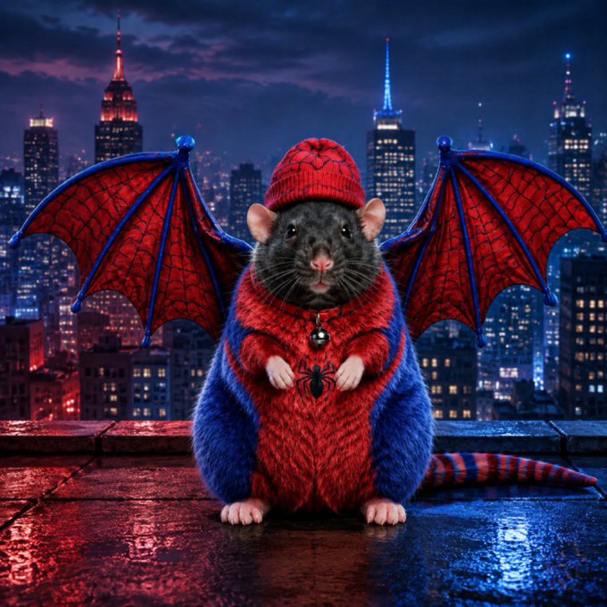 A digital illustration shows a rat wearing a red Spider-Man sweater and beanie with red webbed wings attached, sitting on a wet rooftop ledge with a nighttime city skyline in the background.