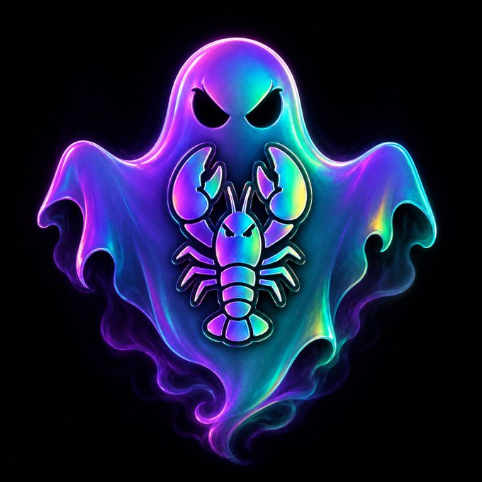 A glowing, holographic-style ghost illustration in purple and blue hues containing a lobster/crab emblem on its chest, set against a black background.