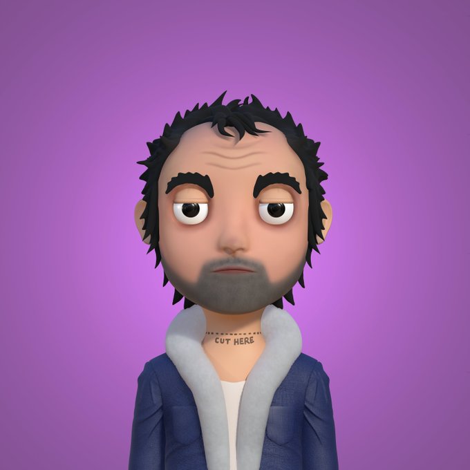 A 3D animated avatar of a man with messy black hair, a stubble beard, and a tired expression, wearing a blue jacket with fur trim, displayed against a purple background with 'CUT HERE' written on his neck.